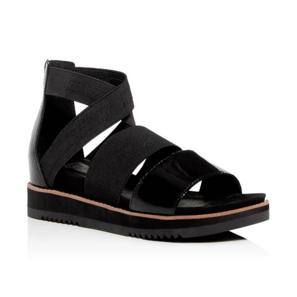 Eileen Fisher Black Strappy Platform Sandals Size 8.5 Open Toe Patent Leather - Picture 1 of 6
